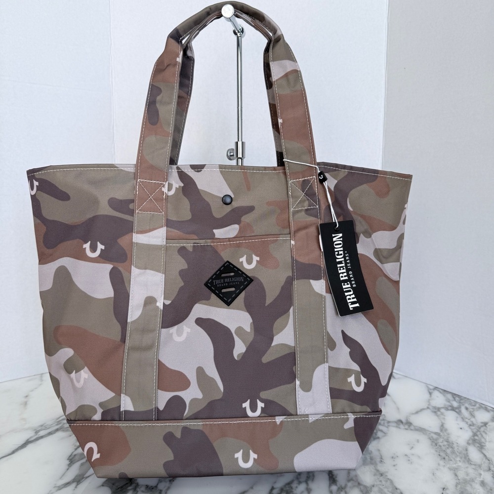 True Religion Camo Canvas Tote Bag Horseshoe Logo Brown Tan Green NWT